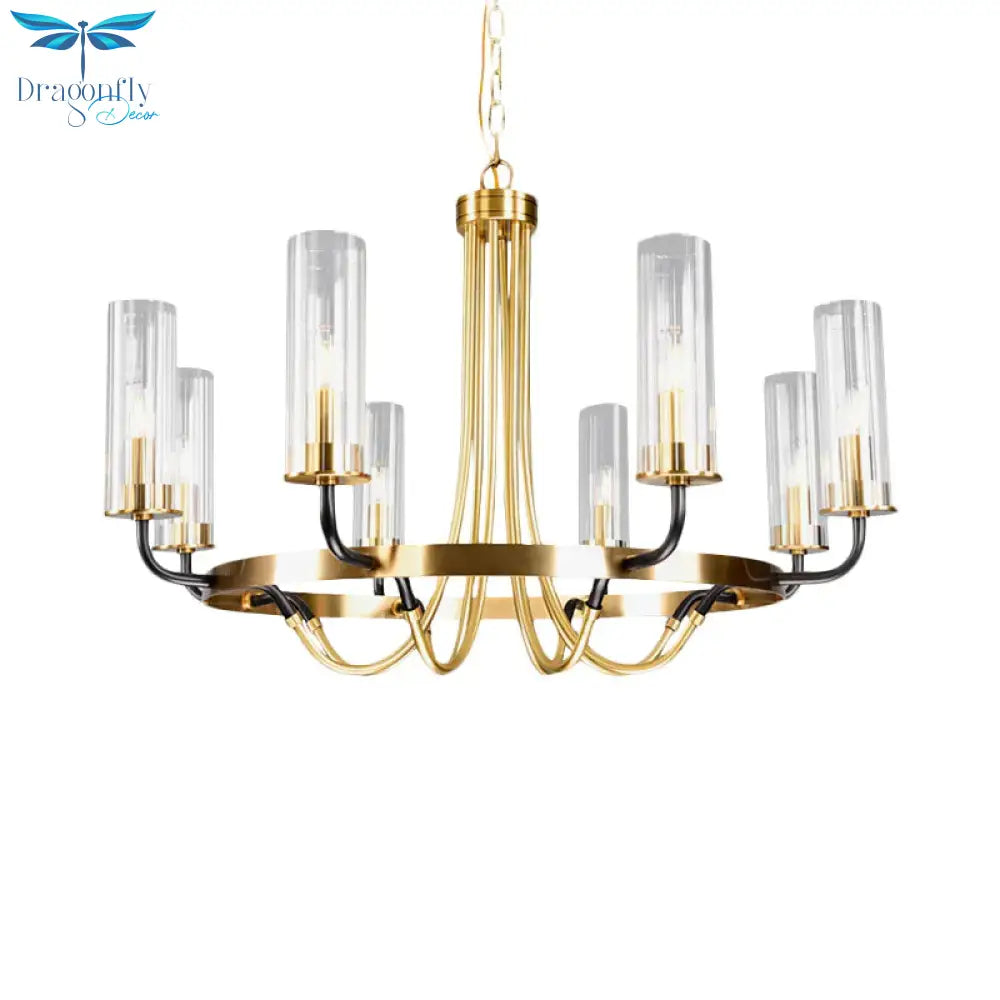 6/8 Lights Pendant Light Classic Tube Clear Glass Hanging Chandelier In Black/Gold With Wheel Design