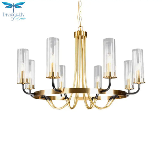 6/8 Lights Pendant Light Classic Tube Clear Glass Hanging Chandelier In Black/Gold With Wheel Design