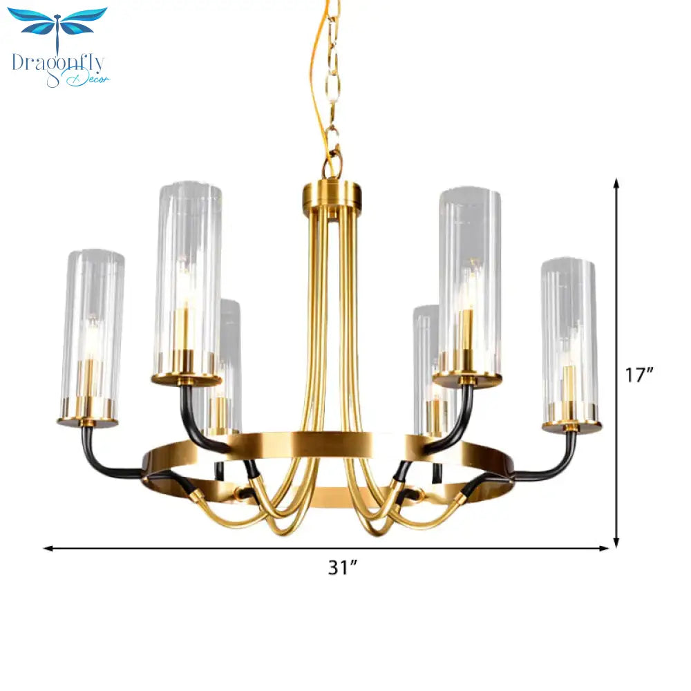 6/8 Lights Pendant Light Classic Tube Clear Glass Hanging Chandelier In Black/Gold With Wheel Design