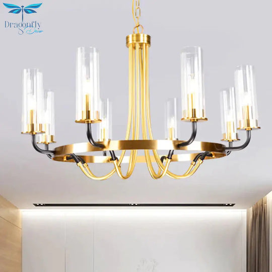 6/8 Lights Pendant Light Classic Tube Clear Glass Hanging Chandelier In Black/Gold With Wheel Design