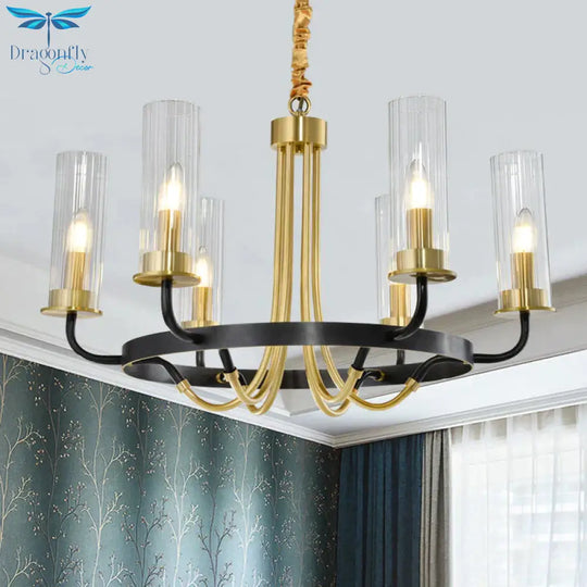 6/8 Lights Pendant Light Classic Tube Clear Glass Hanging Chandelier In Black/Gold With Wheel Design
