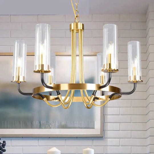 6/8 Lights Pendant Light Classic Tube Clear Glass Hanging Chandelier In Black/Gold With Wheel