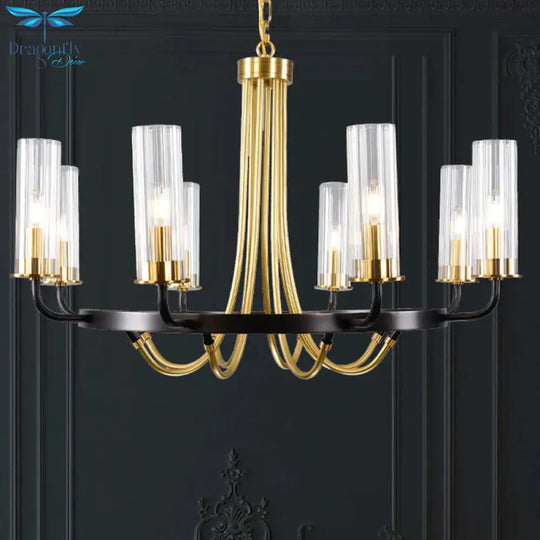 6/8 Lights Pendant Light Classic Tube Clear Glass Hanging Chandelier In Black/Gold With Wheel Design