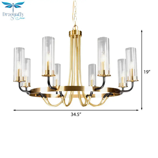 6/8 Lights Pendant Light Classic Tube Clear Glass Hanging Chandelier In Black/Gold With Wheel Design