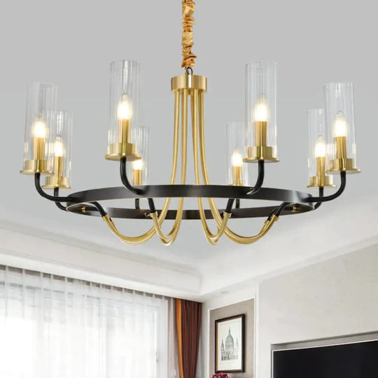 6/8 Lights Pendant Light Classic Tube Clear Glass Hanging Chandelier In Black/Gold With Wheel