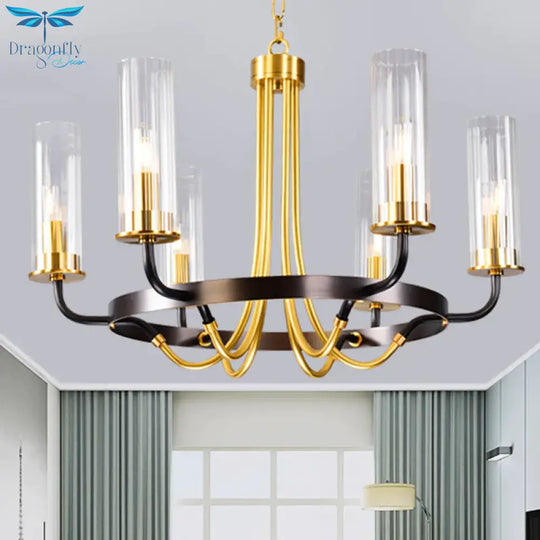 6/8 Lights Pendant Light Classic Tube Clear Glass Hanging Chandelier In Black/Gold With Wheel Design