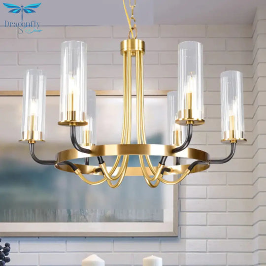 6/8 Lights Pendant Light Classic Tube Clear Glass Hanging Chandelier In Black/Gold With Wheel Design