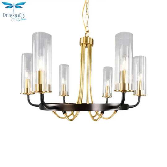 6/8 Lights Pendant Light Classic Tube Clear Glass Hanging Chandelier In Black/Gold With Wheel Design