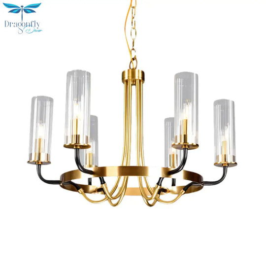 6/8 Lights Pendant Light Classic Tube Clear Glass Hanging Chandelier In Black/Gold With Wheel Design