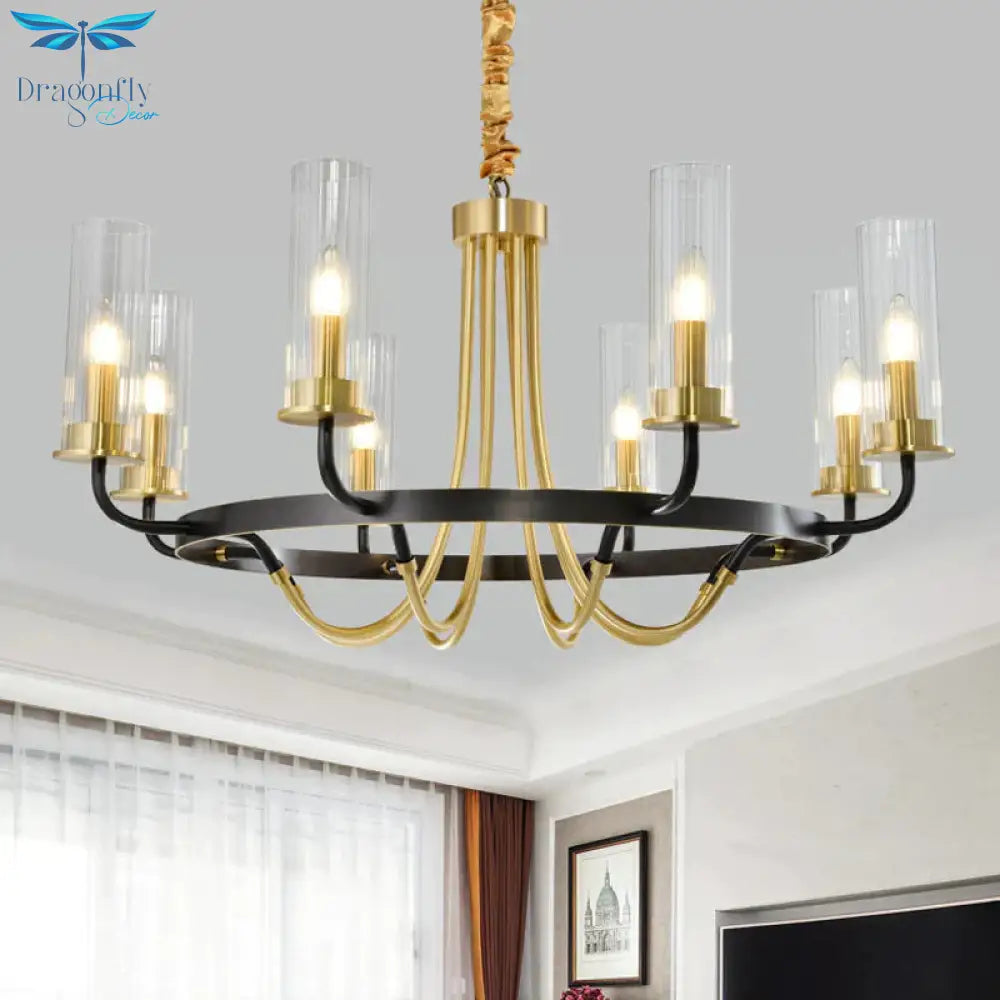 6/8 Lights Pendant Light Classic Tube Clear Glass Hanging Chandelier In Black/Gold With Wheel Design
