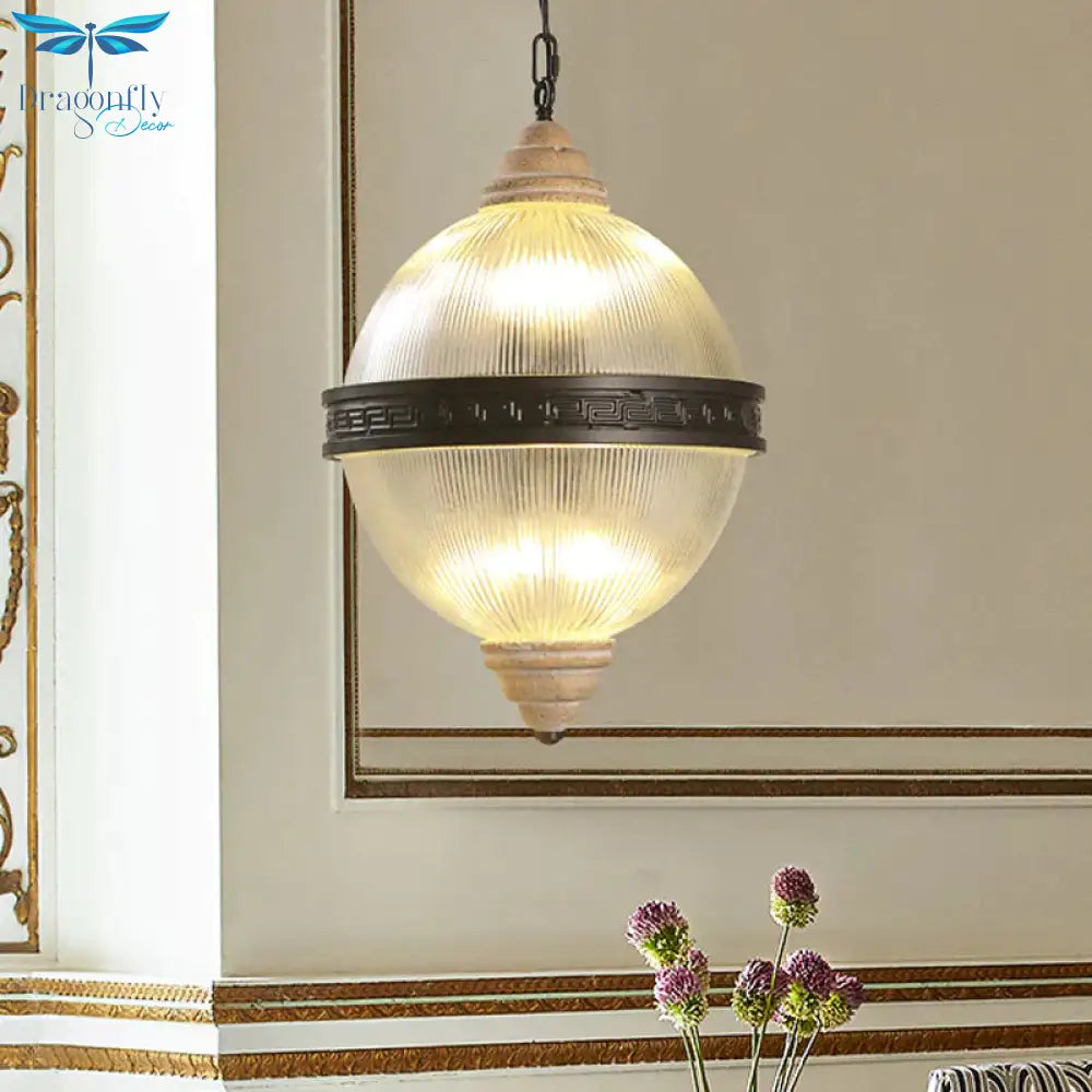 6 - Bulb Chandelier Lighting Rural Living Room Pendant Light Fixture With Globe Clear Ribbed Glass