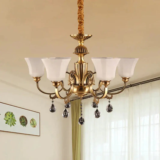 6 - Bulb Chandelier With Bell Shade Frosted Glass Classic Hallway Ceiling Suspension Lamp In Brass