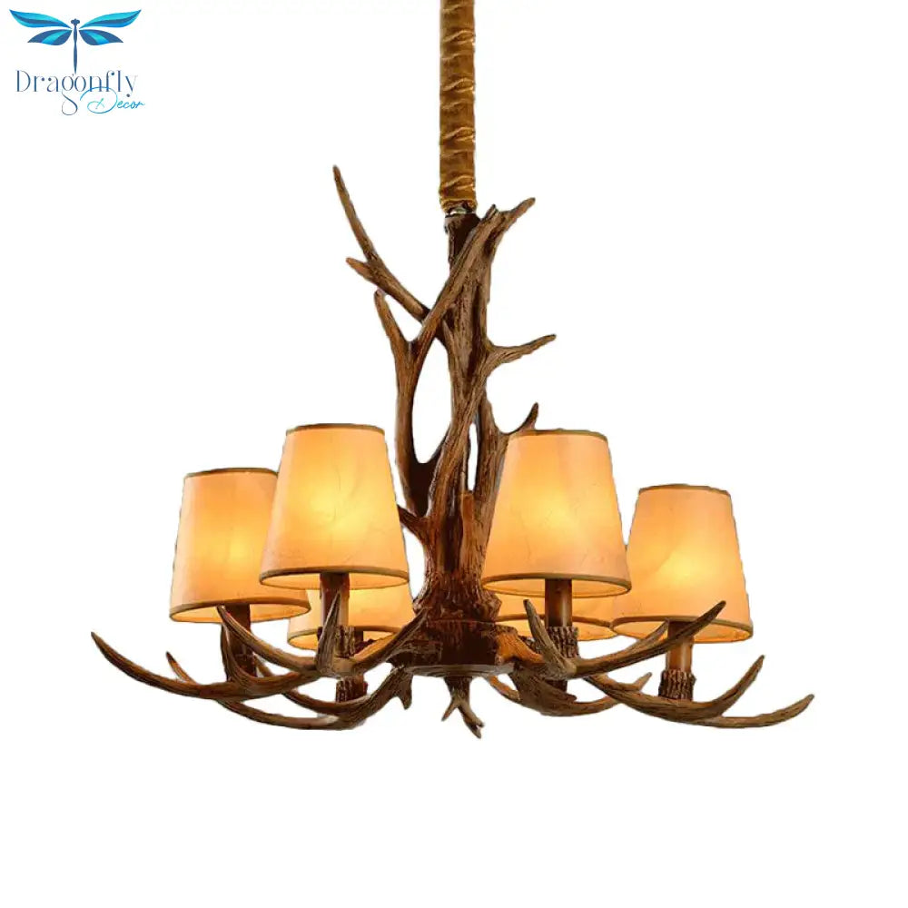 6 - Bulb Conical Chandelier Light Antique Brown Resin Suspension Pendant With Glass Shade For