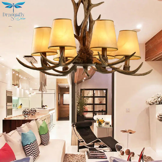 6 - Bulb Conical Chandelier Light Antique Brown Resin Suspension Pendant With Glass Shade For