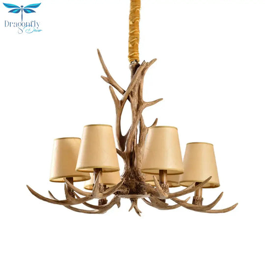 6 - Bulb Conical Chandelier Light Antique Brown Resin Suspension Pendant With Glass Shade For