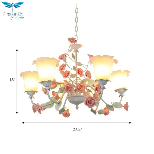 6 - Bulb White Glass Chandelier Lamp Pastoral Pink Rose Living Room Hanging Pendant Light