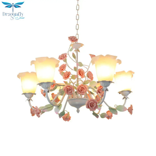 6 - Bulb White Glass Chandelier Lamp Pastoral Pink Rose Living Room Hanging Pendant Light