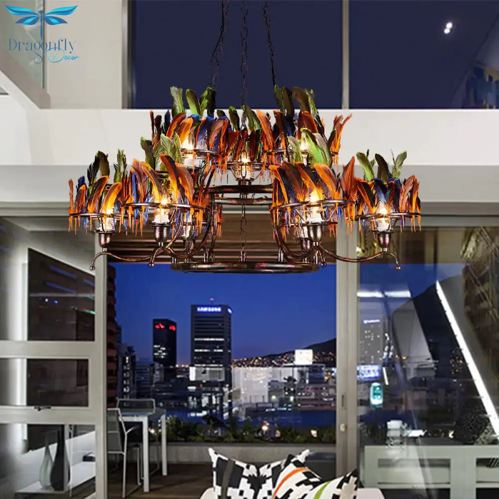 6 Bulbs 2 - Layer Pendant Light Antiqued Rust Iron Ceiling Chandelier With Red - Blue - Green