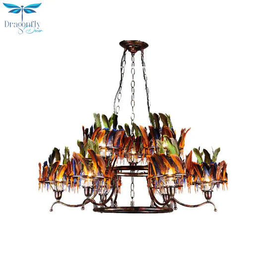 6 Bulbs 2 - Layer Pendant Light Antiqued Rust Iron Ceiling Chandelier With Red - Blue - Green