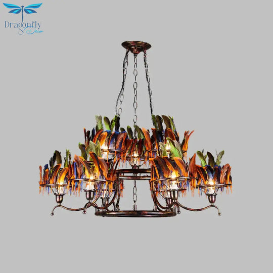 6 Bulbs 2 - Layer Pendant Light Antiqued Rust Iron Ceiling Chandelier With Red - Blue - Green