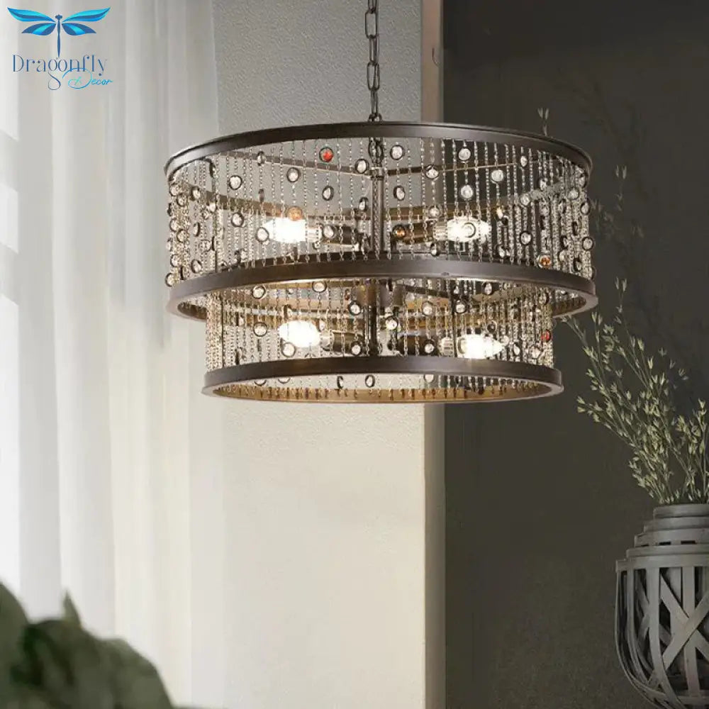 6 Bulbs 2 - Tier Round Chandelier Lighting Antique Bronze Metal Pendang Light Fixture For Bedroom