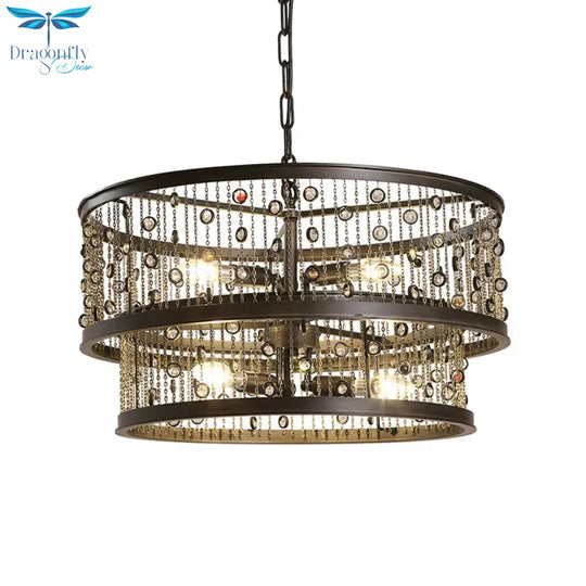 6 Bulbs 2 - Tier Round Chandelier Lighting Antique Bronze Metal Pendang Light Fixture For Bedroom