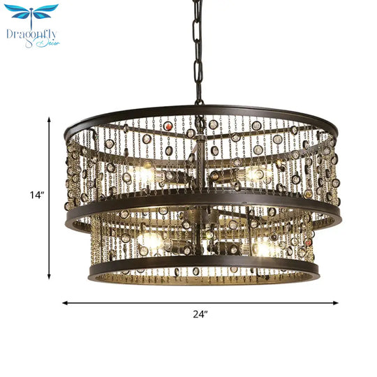 6 Bulbs 2 - Tier Round Chandelier Lighting Antique Bronze Metal Pendang Light Fixture For Bedroom