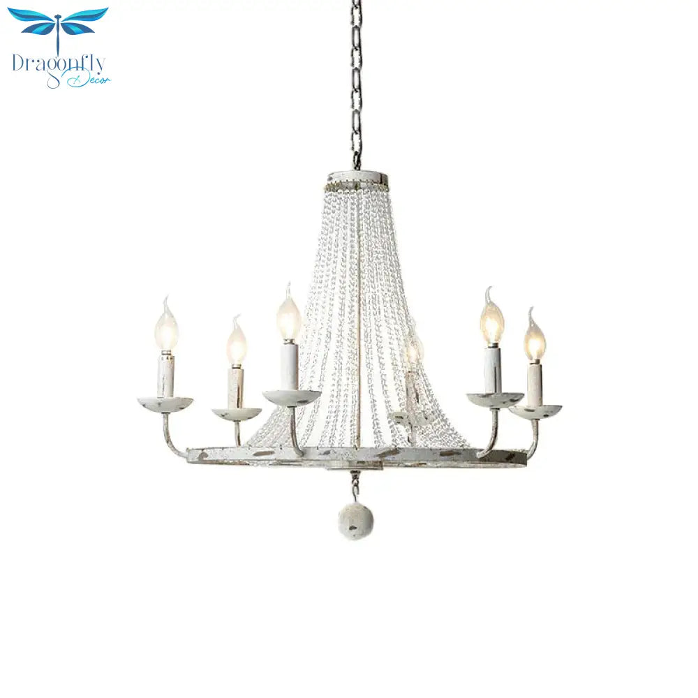6 Bulbs Beaded Ceiling Chandelier Traditional Crystal Hanging Light Fixture In Distressed White