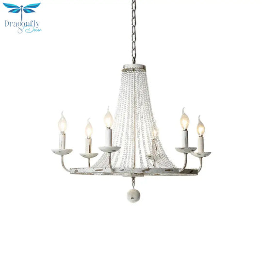 6 Bulbs Beaded Ceiling Chandelier Traditional Crystal Hanging Light Fixture In Distressed White