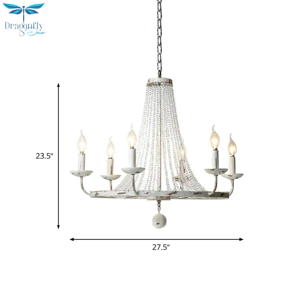 6 Bulbs Beaded Ceiling Chandelier Traditional Crystal Hanging Light Fixture In Distressed White