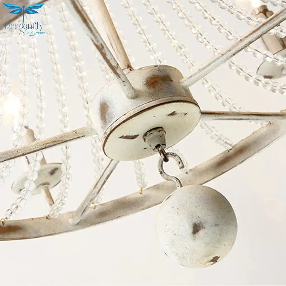 6 Bulbs Beaded Ceiling Chandelier Traditional Crystal Hanging Light Fixture In Distressed White