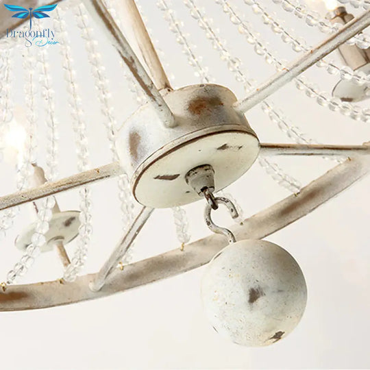 6 Bulbs Beaded Ceiling Chandelier Traditional Crystal Hanging Light Fixture In Distressed White
