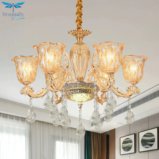 6 Bulbs Bell Up Chandelier Traditional Gold Clear Pebble Glass Hanging Light Fixture Over Table