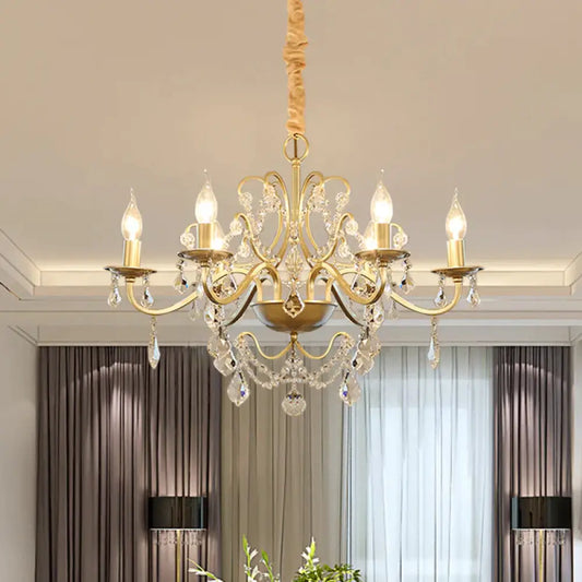 6 Bulbs Candle Hanging Chandelier Country Style Gold Finish Crystal Swag Pendulum Light