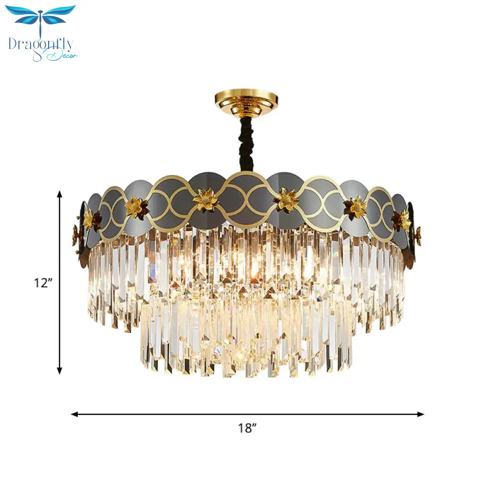 6 Bulbs Clear Glass Prisms Pendant Traditional Grey Finish Taper Parlor Ceiling Chandelier With