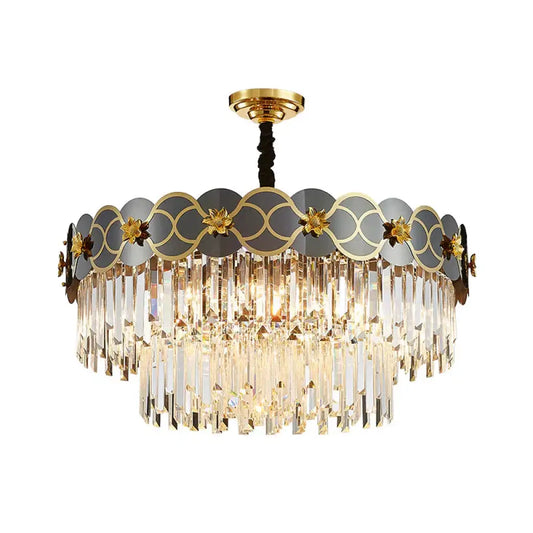 6 Bulbs Clear Glass Prisms Pendant Traditional Grey Finish Taper Parlor Ceiling Chandelier With