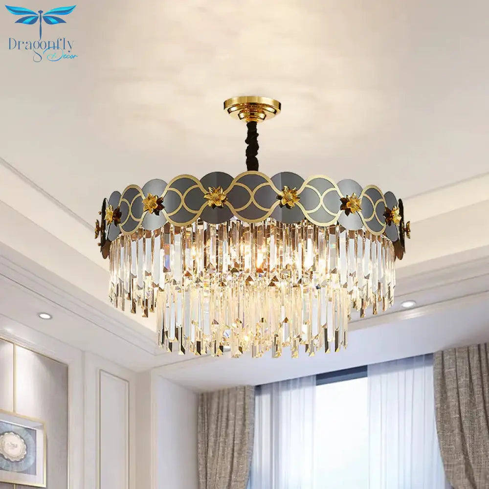 6 Bulbs Clear Glass Prisms Pendant Traditional Grey Finish Taper Parlor Ceiling Chandelier With