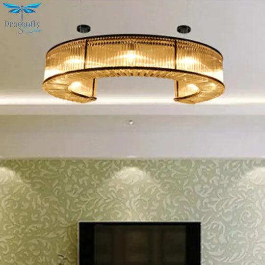 6 Bulbs Crystal Block Hanging Chandelier Vintage Gold C - Shaped Living Room Pendant Lighting