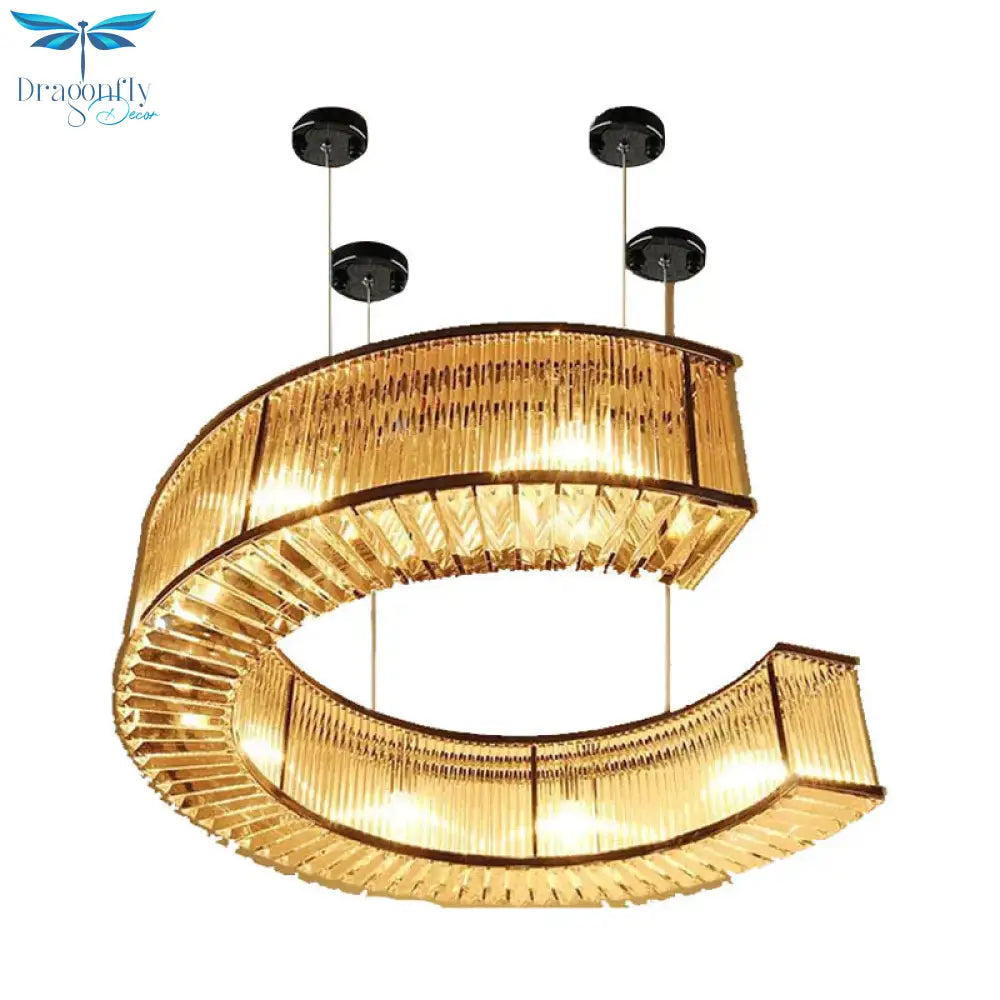 6 Bulbs Crystal Block Hanging Chandelier Vintage Gold C - Shaped Living Room Pendant Lighting