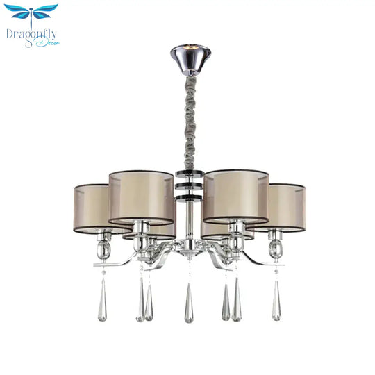 6 Bulbs Cylinder Chandelier Light Rustic Chrome Fabric Pendant Lighting Fixture With Crystal Drop
