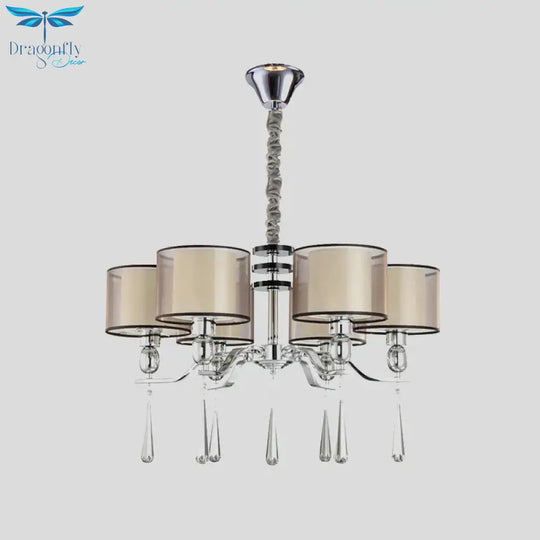6 Bulbs Cylinder Chandelier Light Rustic Chrome Fabric Pendant Lighting Fixture With Crystal Drop