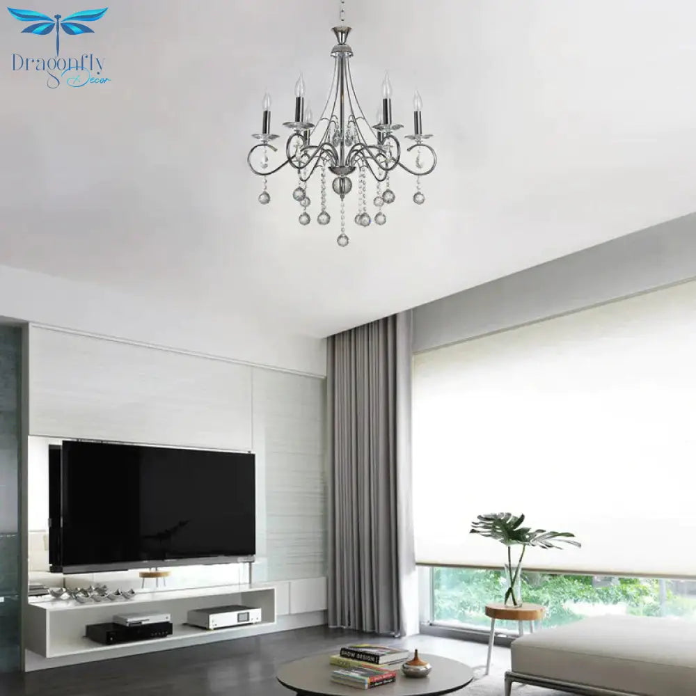 6 Bulbs Flameless Candle Chandelier Lighting With Clear Crystal Accent Vintage Stylish Pendant Lamp