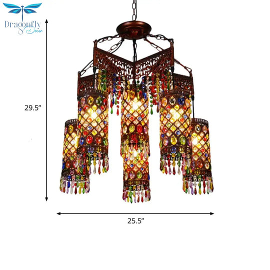 6 Bulbs Hanging Chandelier Bohemian Cylinder Metal Pendant Light Fixture In Copper For Living Room