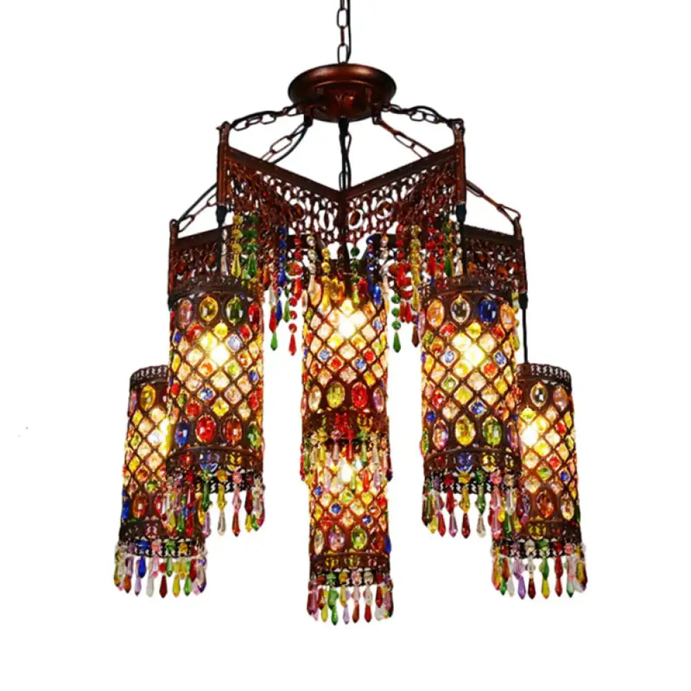 6 Bulbs Hanging Chandelier Bohemian Cylinder Metal Pendant Light Fixture In Copper For Living Room