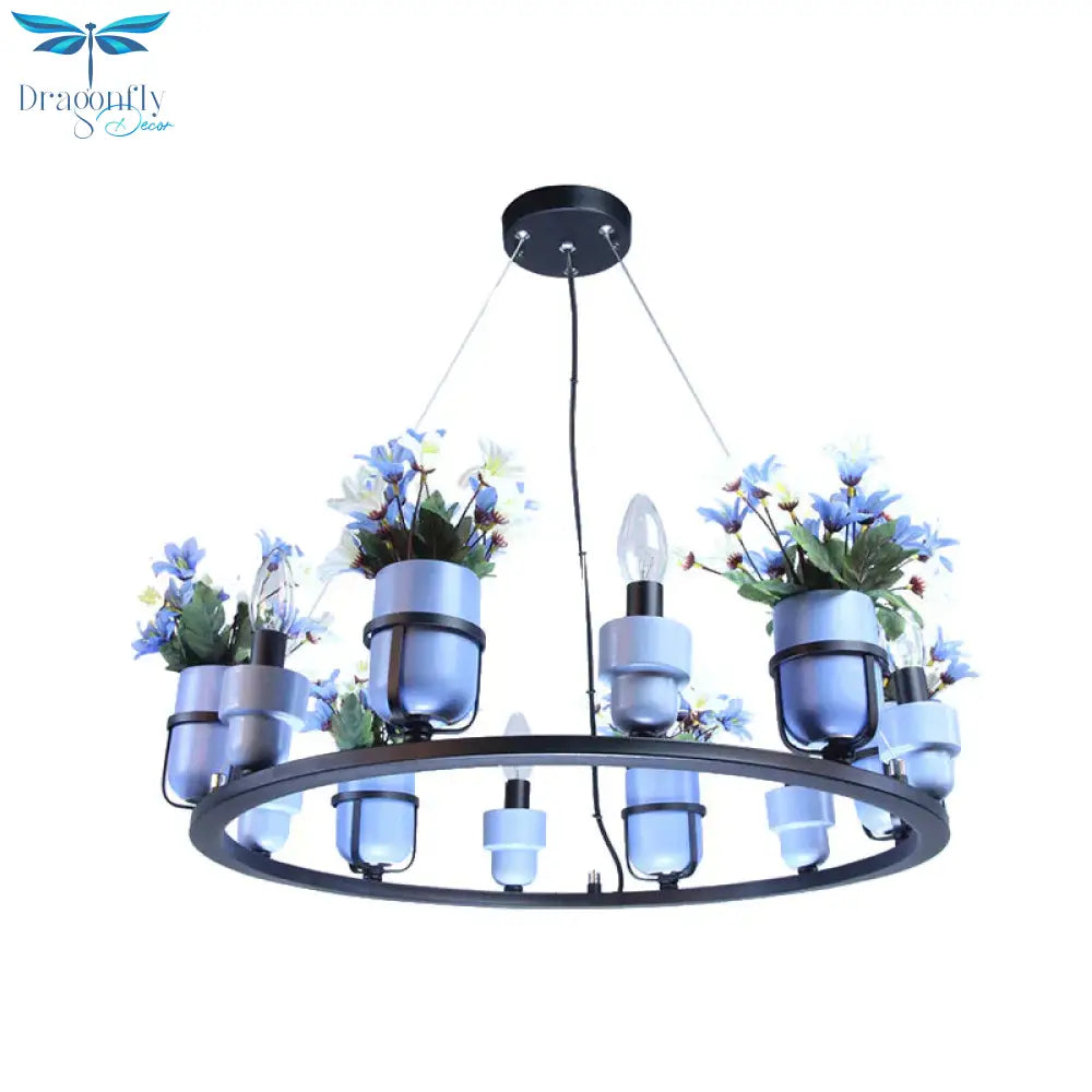 6 Bulbs Metal Chandelier Industrial Pink/Blue Circular Pendant Light Kit With Candle Design