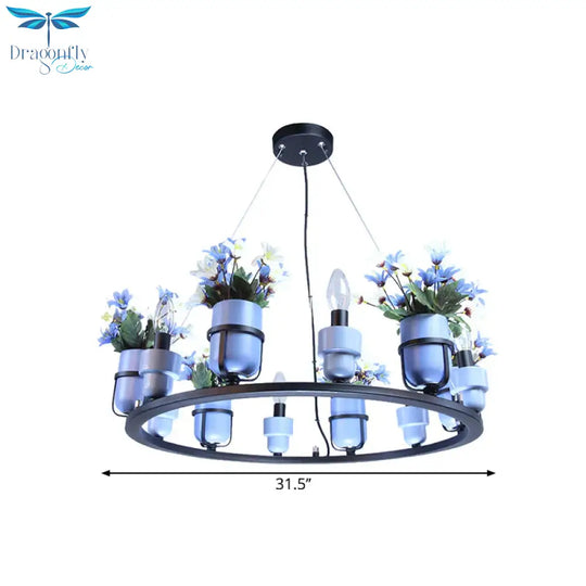6 Bulbs Metal Chandelier Industrial Pink/Blue Circular Pendant Light Kit With Candle Design