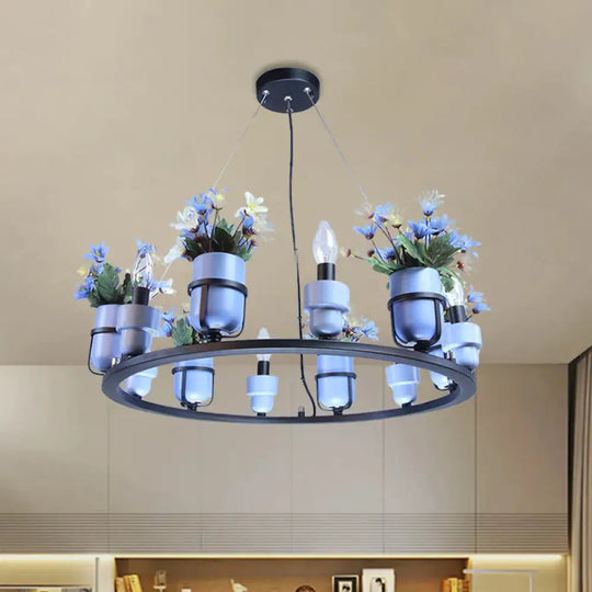 6 Bulbs Metal Chandelier Industrial Pink/Blue Circular Pendant Light Kit With Candle Design Blue