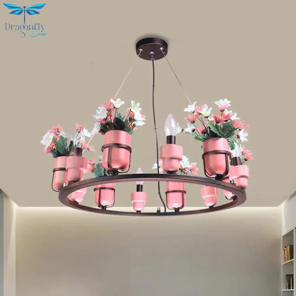 6 Bulbs Metal Chandelier Industrial Pink/Blue Circular Pendant Light Kit With Candle Design