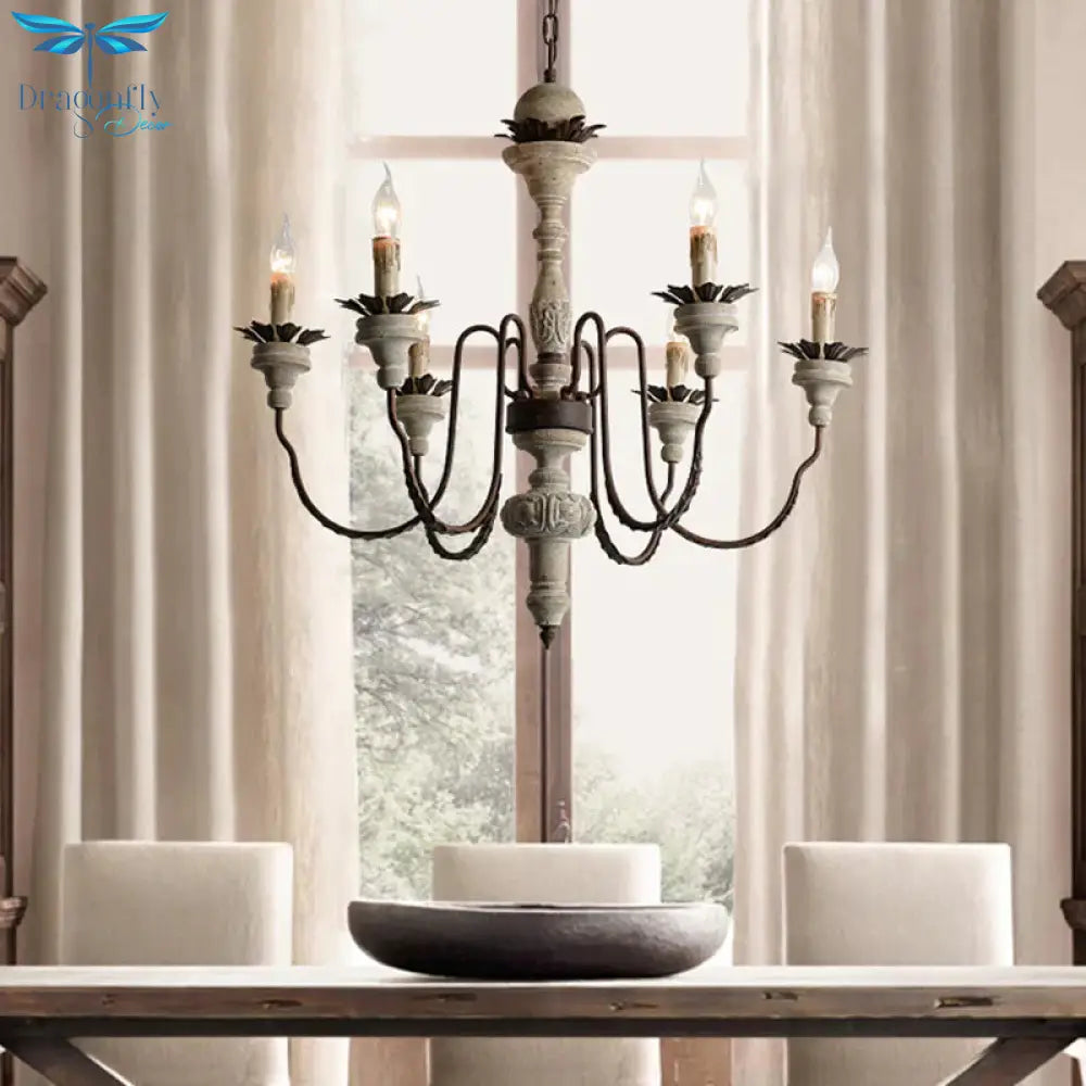 6 Bulbs Starburst Ceiling Chandelier Traditional Wood Suspended Lighting Fixture In Grey