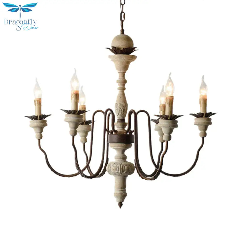 6 Bulbs Starburst Ceiling Chandelier Traditional Wood Suspended Lighting Fixture In Grey